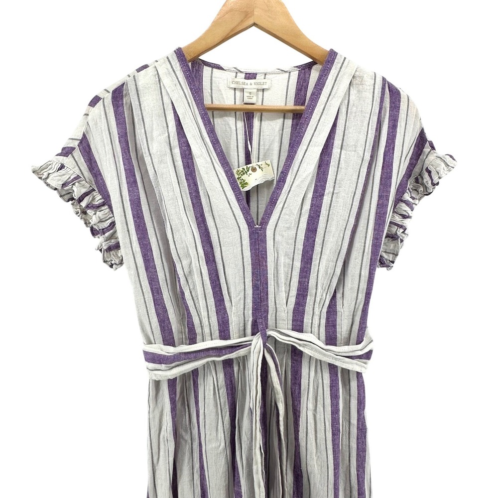 NWT Chelsea & Violet Purple Striped Linen Blend Ruffle Midi Dress Small 9C03R59